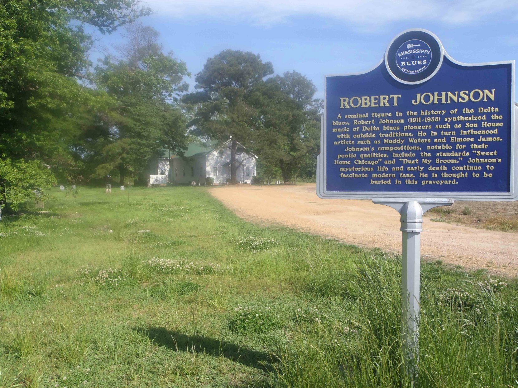 Mississippi Blues Trail marker for Robert Johnson, Little Zion Missionary Baptist Church, Money Road, Leflore County, Mississippi