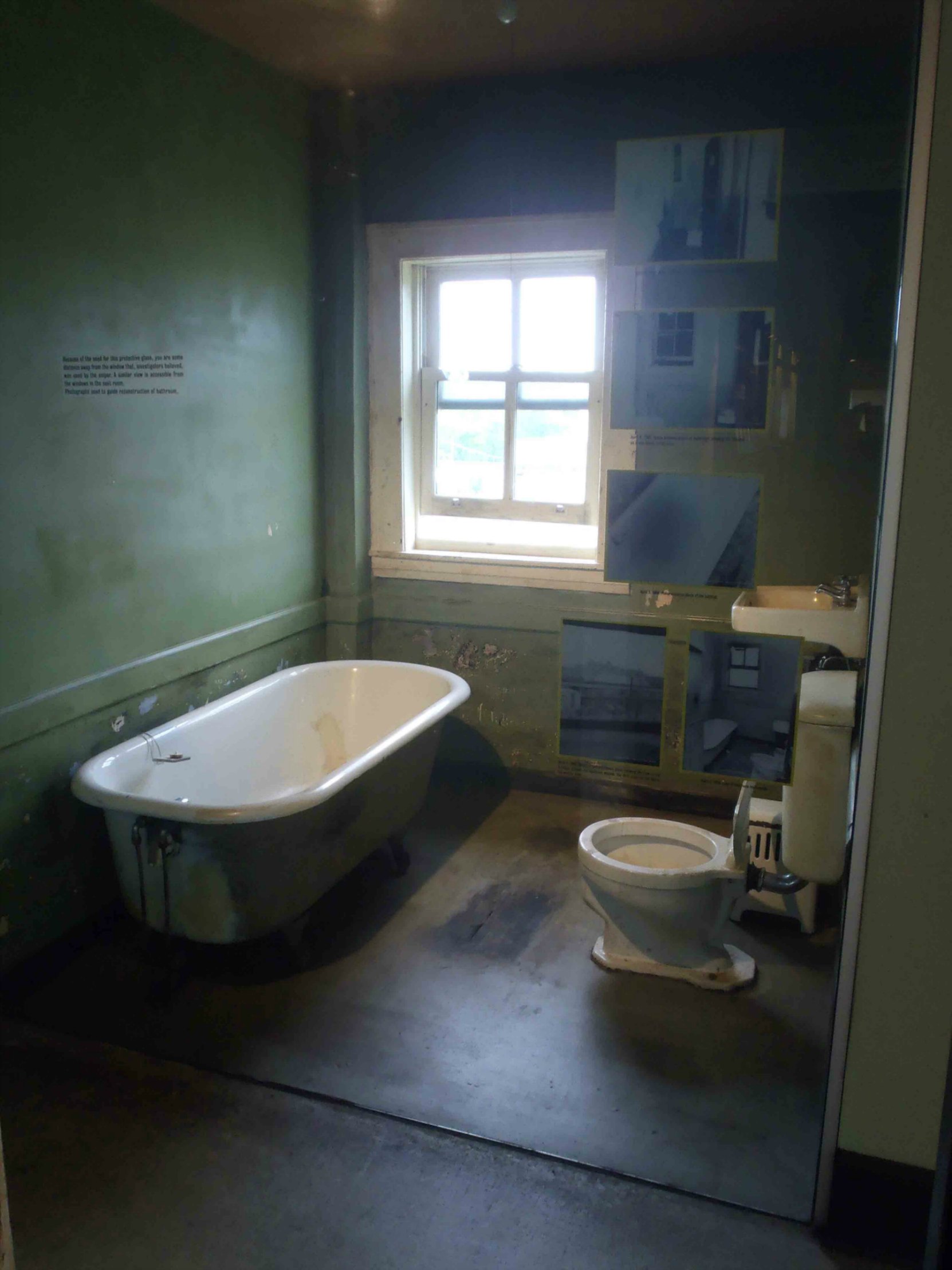 The rooming house washroom from which James Earl Ray shot Dr. Martin Luther King Jr. The rooming house is now part of the National Civil Rights Museum and this bathroom is part of the museum's permanent display.