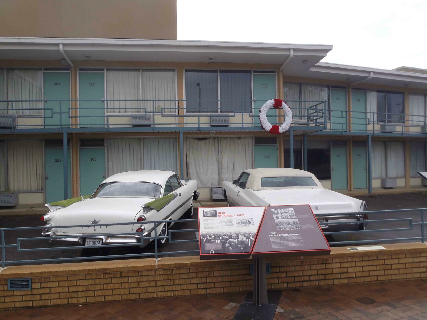 The balcony of the Lorraine Motel where Dr. Martin Luther King Jr. was shot. The red and white wreath marks the spot where Dr, King fell after being shot by James Earl Ray.