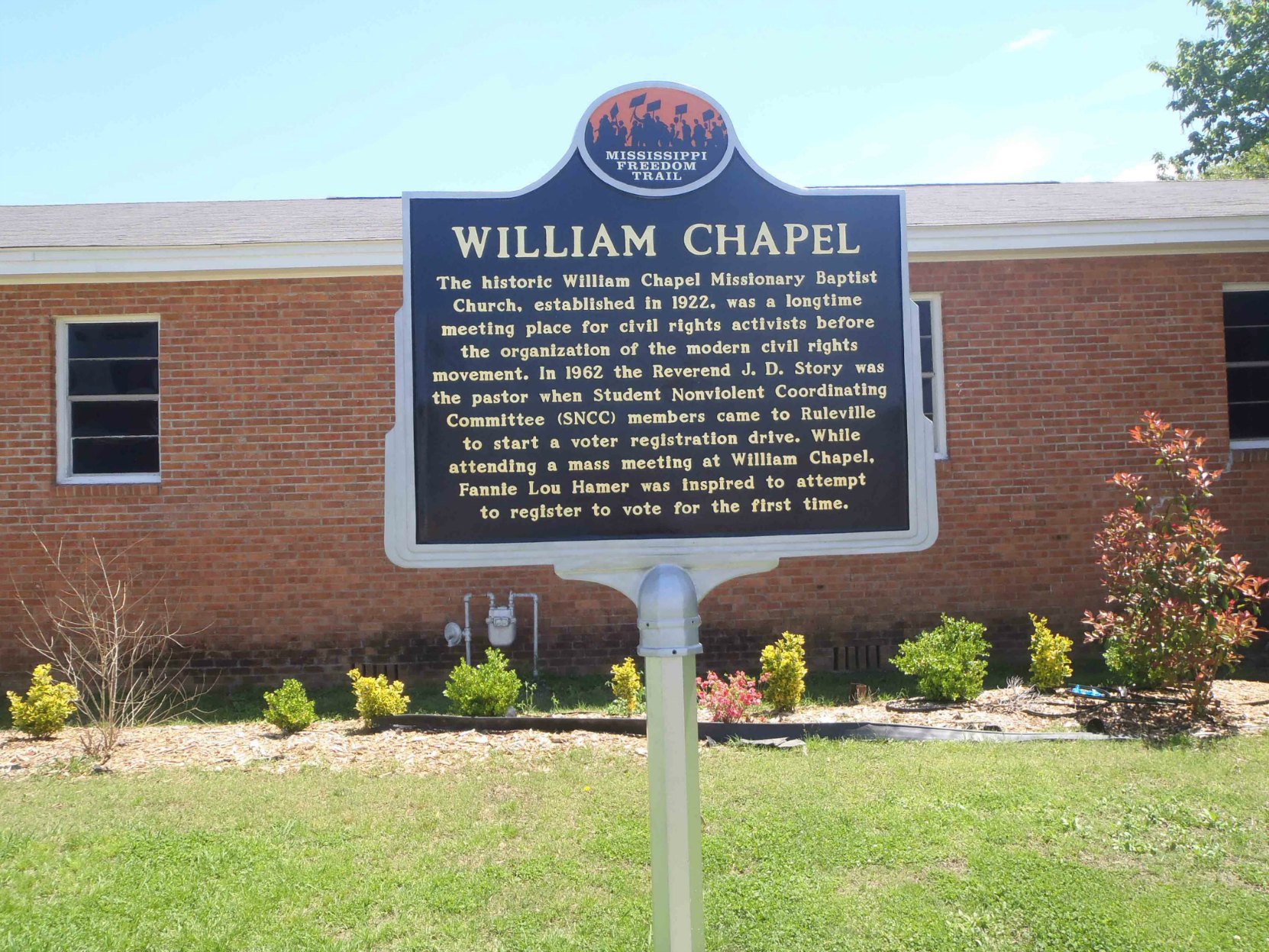 Mississippi Freedom Trail marker for William Chapel Missionary Baptist Church, Ruleville, Mississippi.