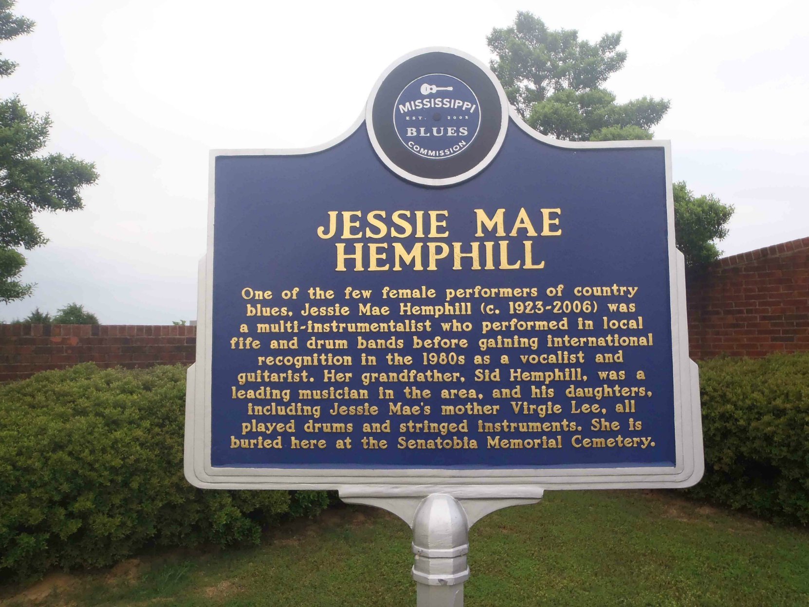 Mississippi Blues Trail marker for Jessie Mae Hemphill at the entrance to Senatobia Memorial Cemetery, Senatobia, Mississippi.
