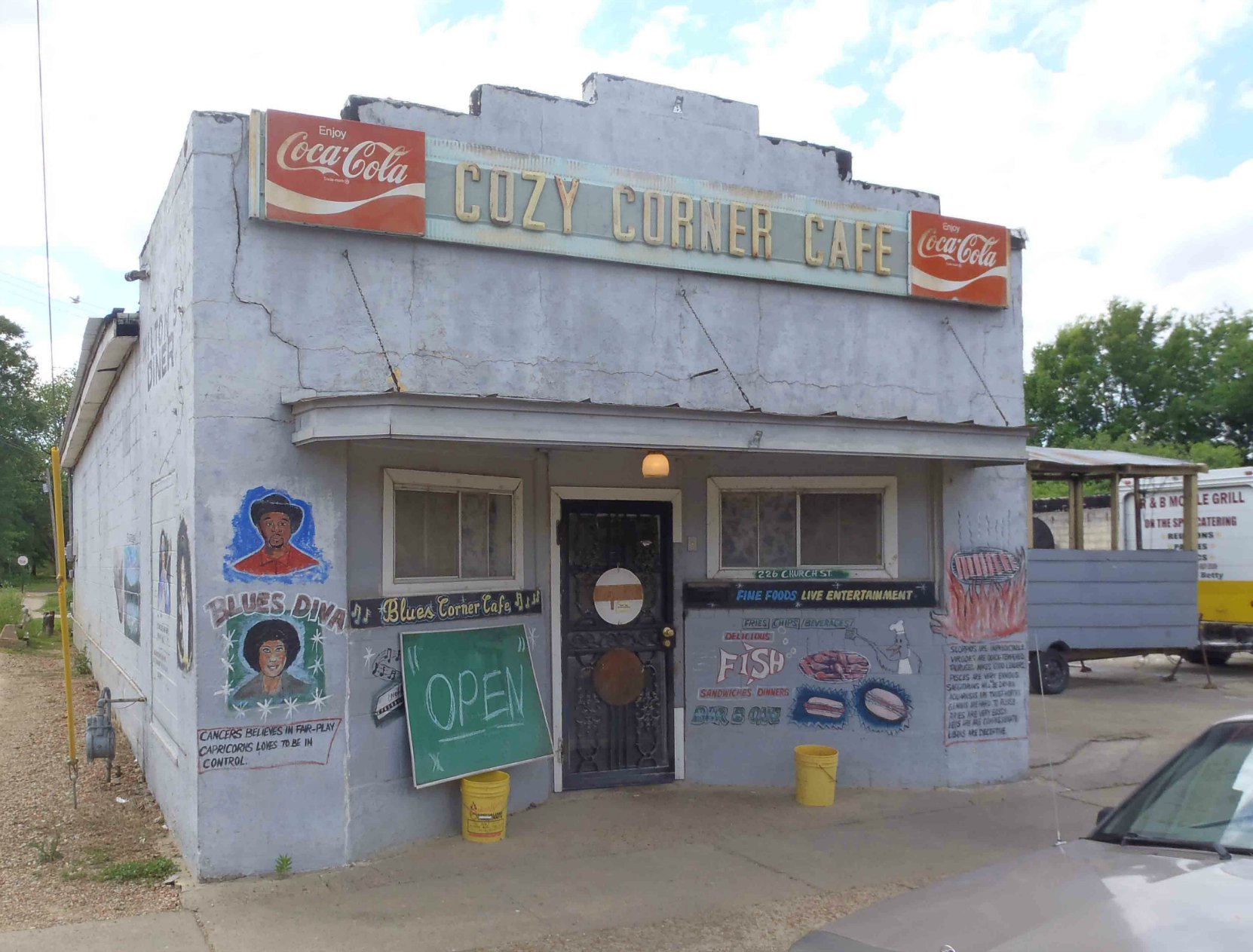Cozy Corner Cafe near the Mississippi Blues Trail marker commemorating Church Street, Indianola, Mississippi