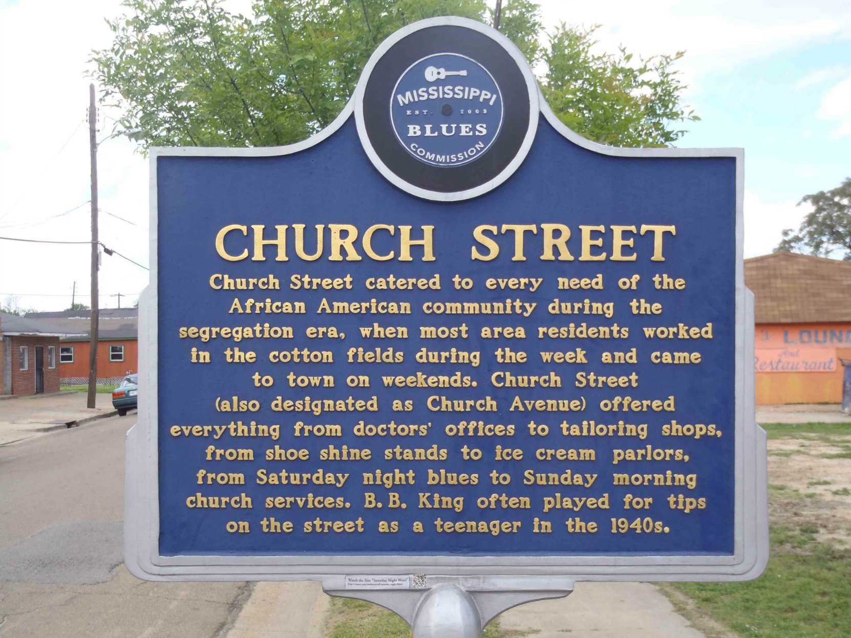 Mississippi Blues Trail marker commemorating Church Street, Indianola, Mississippi