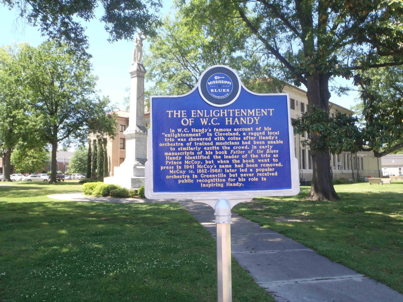 Mississippi Blues Trail marker commemorating The Enlightenment Of W.C. Handy, outside the Bolivar County Courthouse, Cleveland, Mississippi