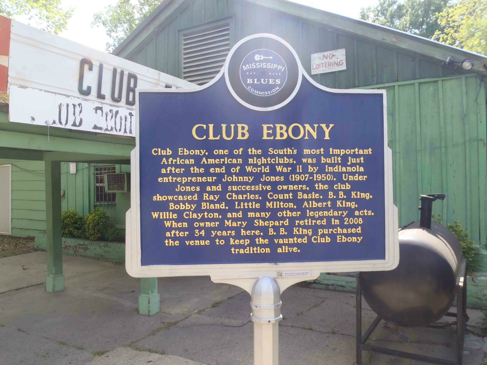 Mississippi Blues Trail marker at Club Ebony, Indianola, Mississippi
