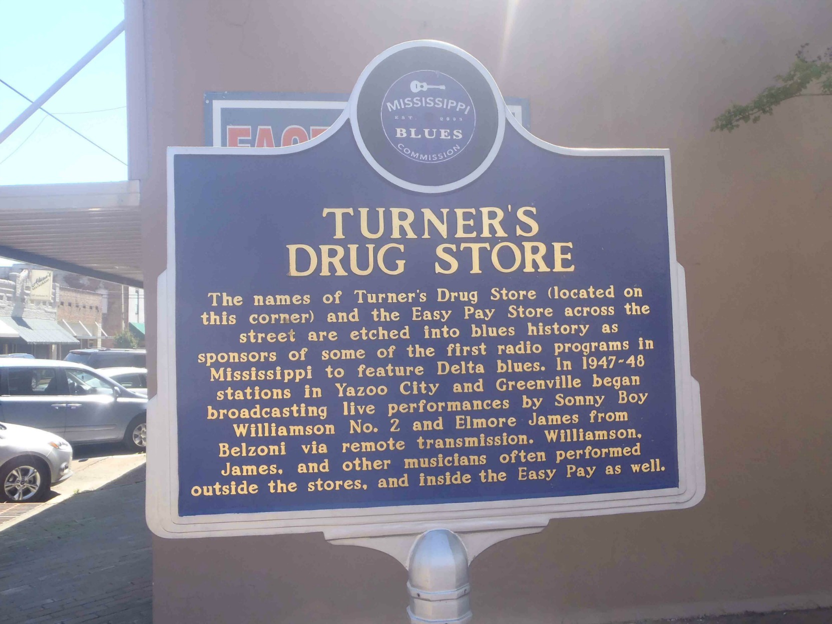 Mississippi Blues Trail marker for Turner's Drug Store, Belzoni, Mississippi