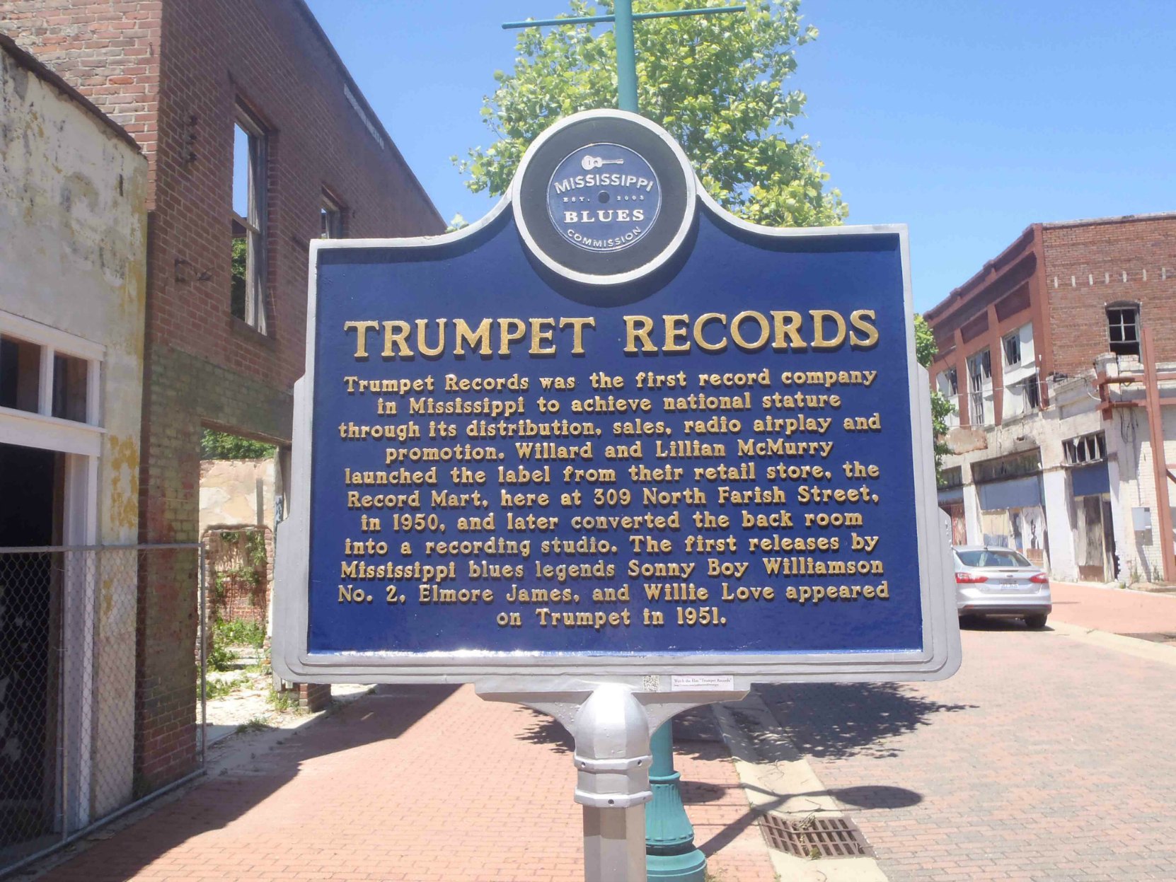 Mississippi Blues Trail marker for Trumpet Records, Farish Street, Jackson, Mississippi
