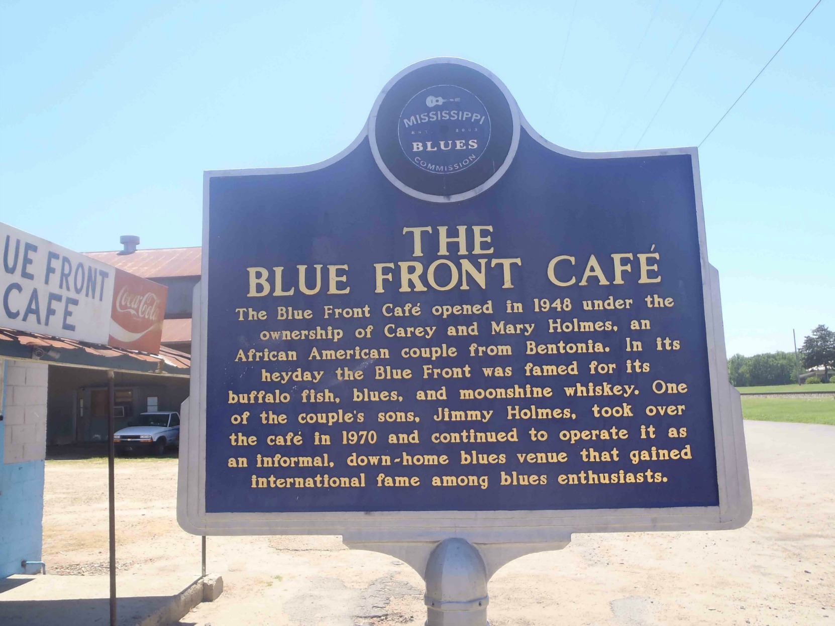 The Mississippi Blues Trail marker outside the Blue Front Cafe, Bentonia, Yazoo County, Mississippi.