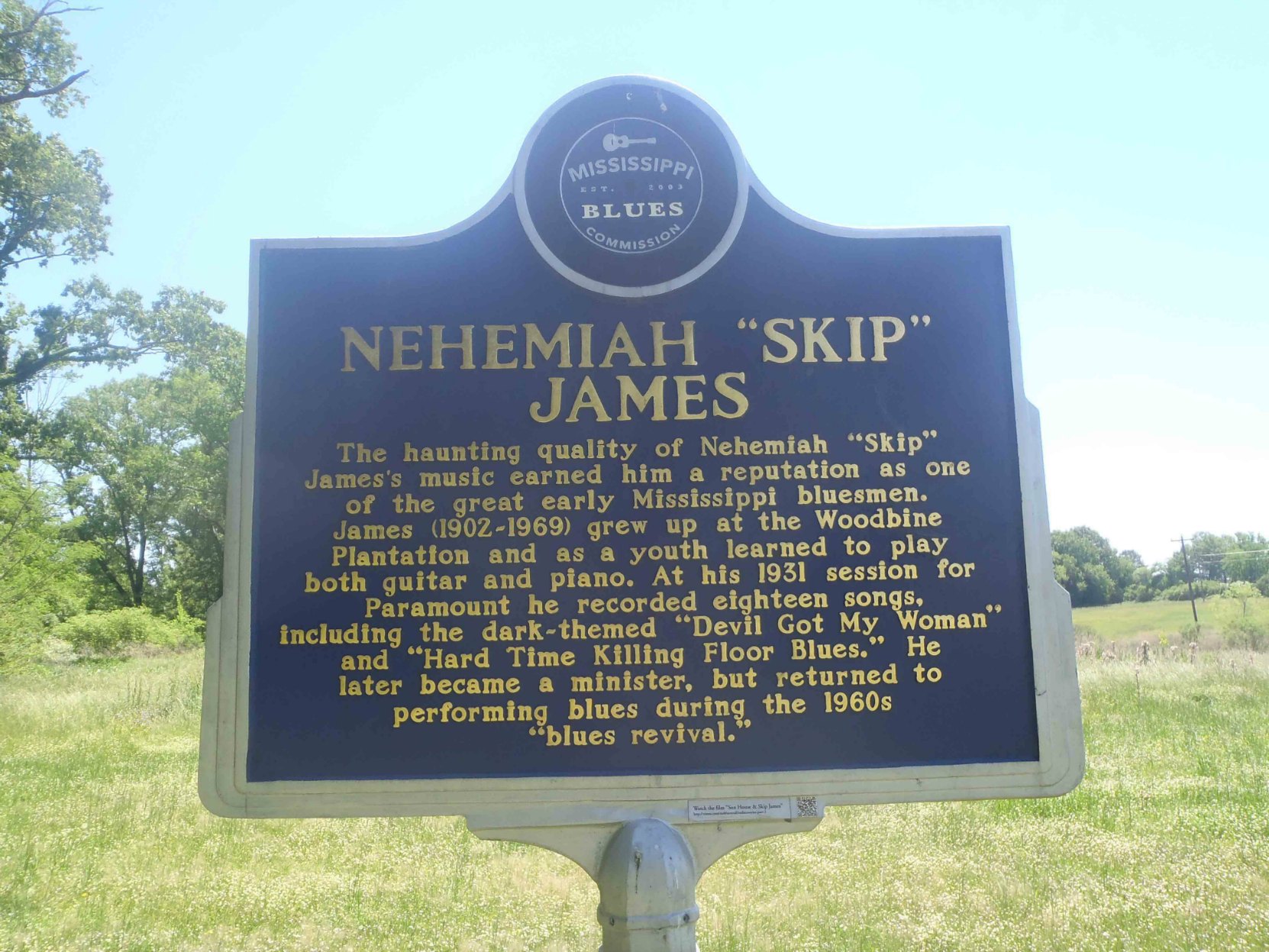 Mississippi Blues Trail marker for Nehemiah "Skip" James, Bentonia, Yazoo County, Mississippi