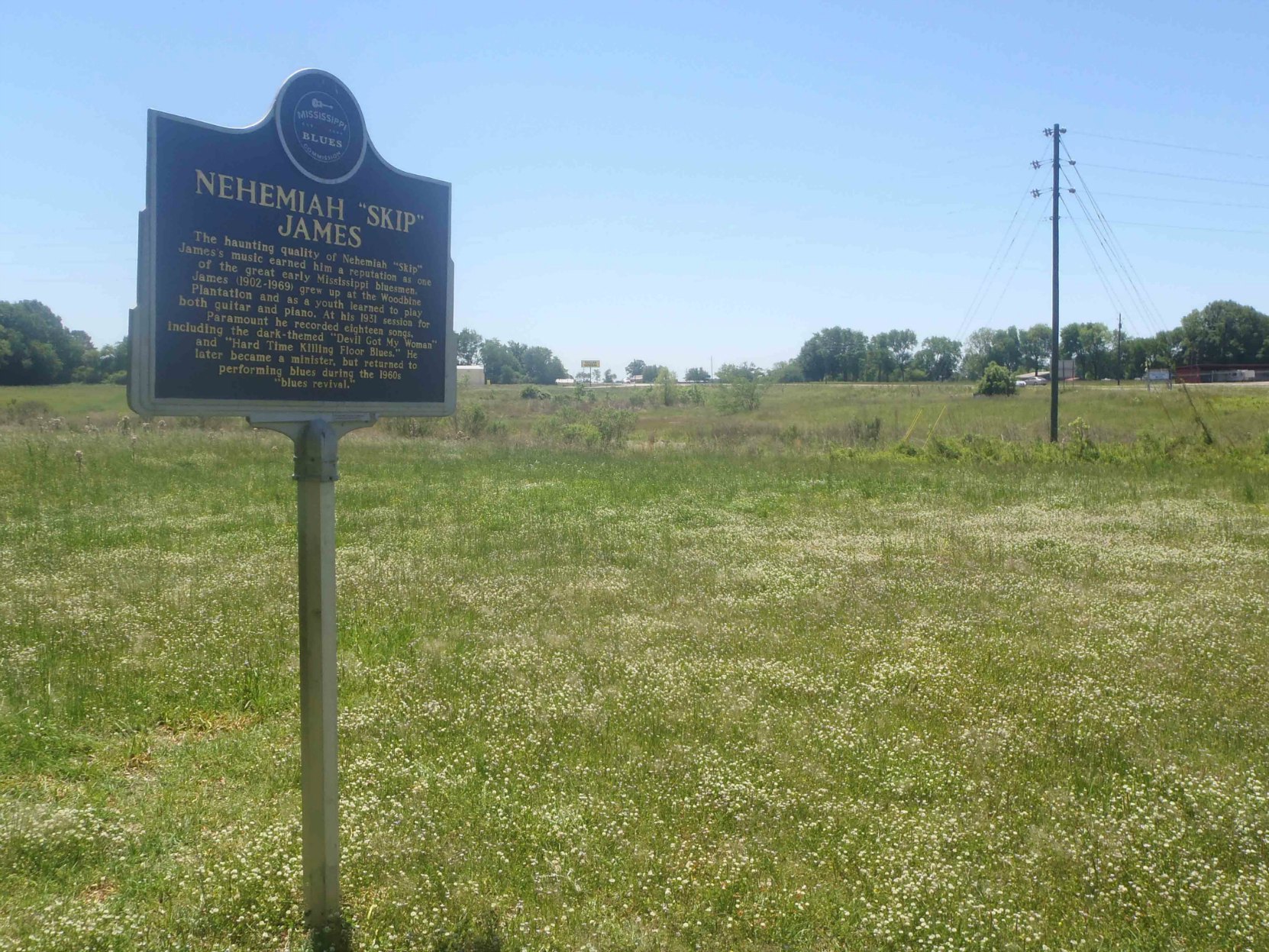 Mississippi Blues Trail marker for Nehemiah "Skip" James, Bentonia, Yazoo County, Mississippi