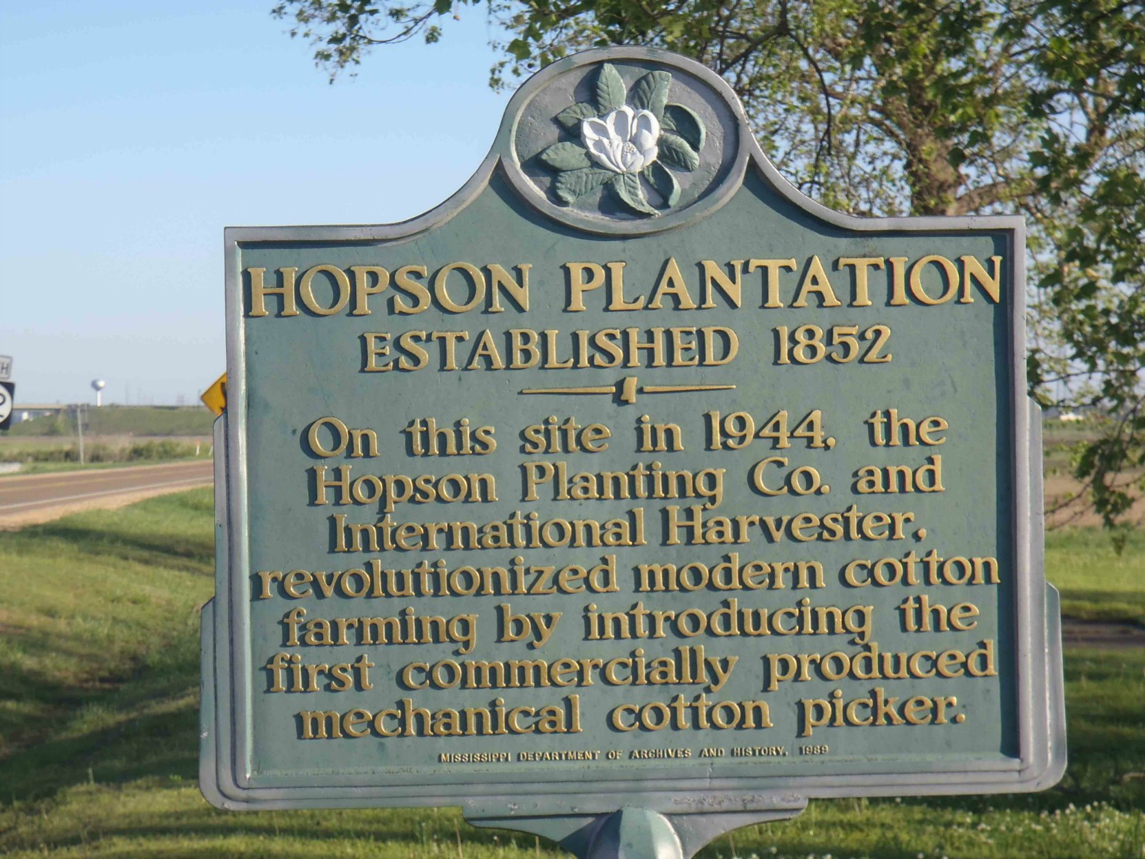 Mississippi Department of Archives & History marker for Hopson Plantation, Highway 49 at Hopson Farm, Coahoma County, Mississippi.