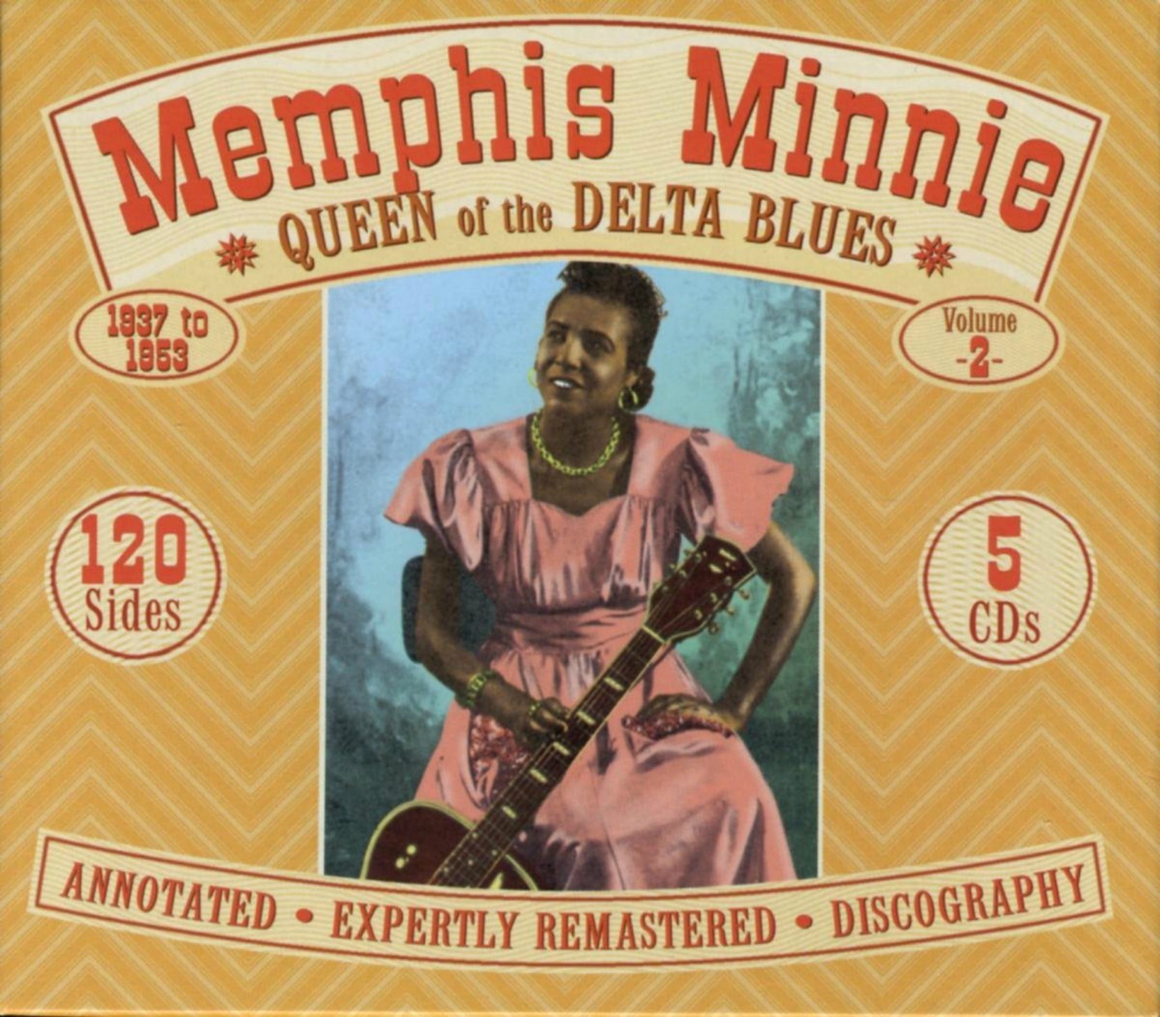 CD cover, Memphis Minnie - Queen of the Delta Blues 1937-1953, 5 CD set on JSP Records. Volume 2 of a 2 volume collection of memphis Minnie recordings.
