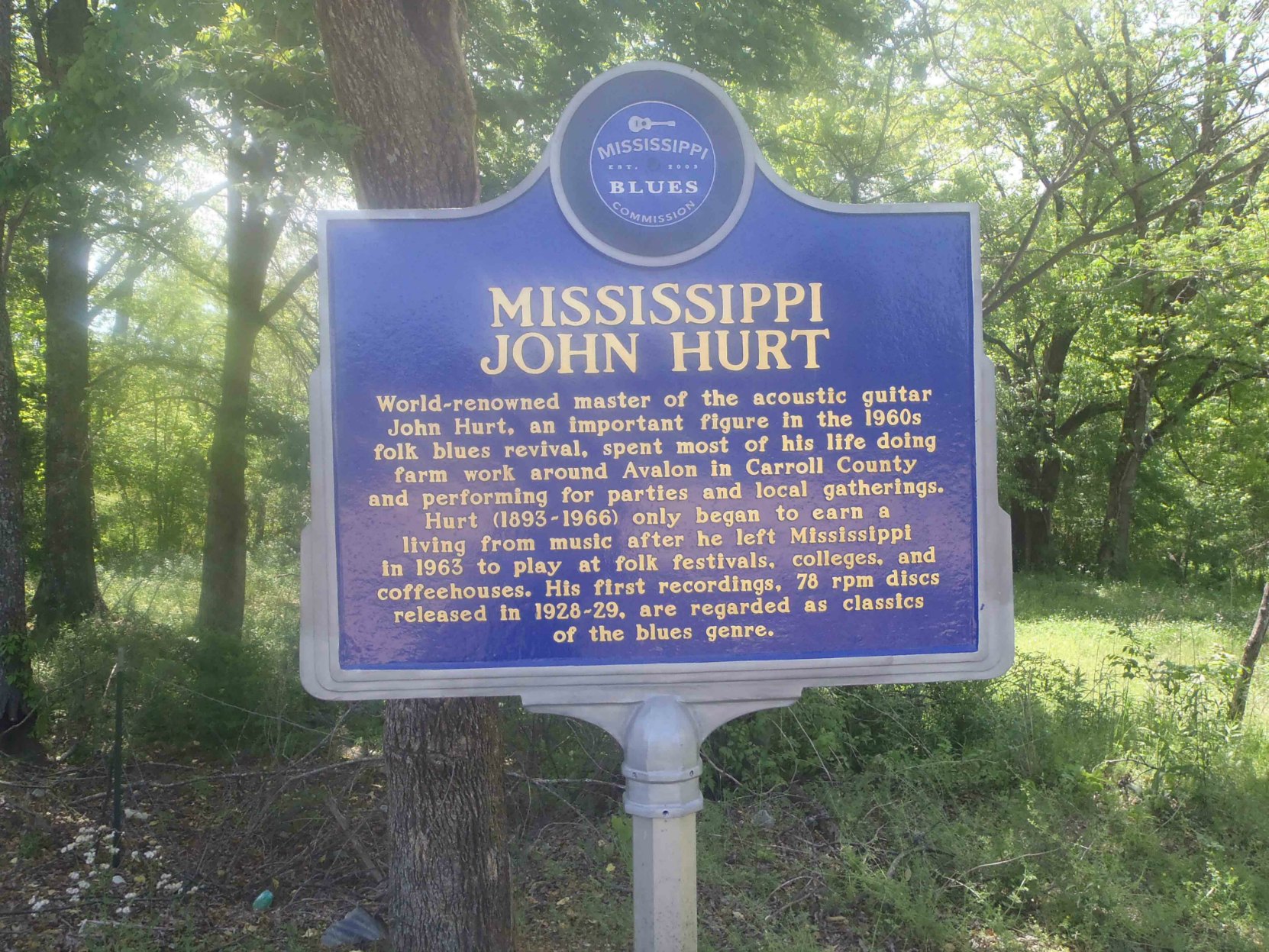 Mississippi Blues Trail marker commemorating Mississippi John Hurt, Avalon, Mississippi