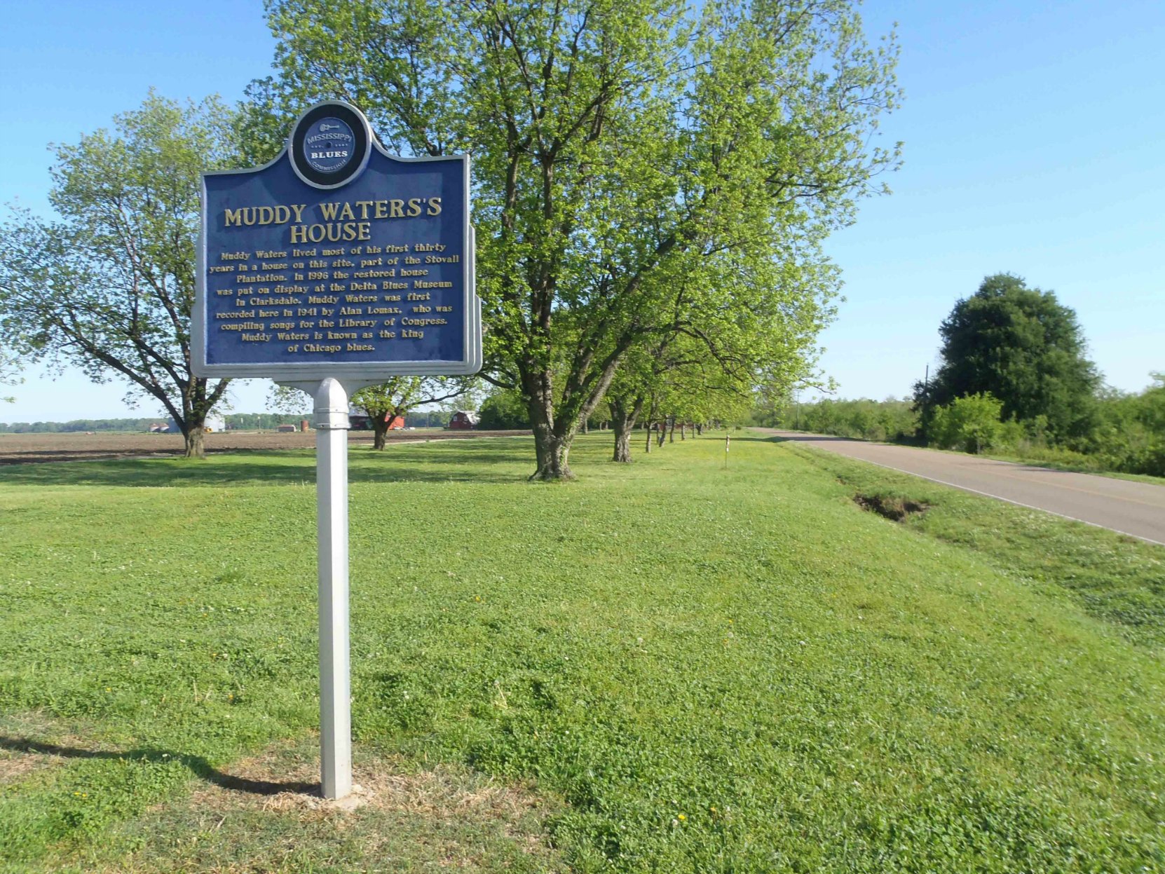 The Mississippi Blues Trail marker at the Muddy Waters House site, Stovall Farms, outside Clarksdale, Mississippi.