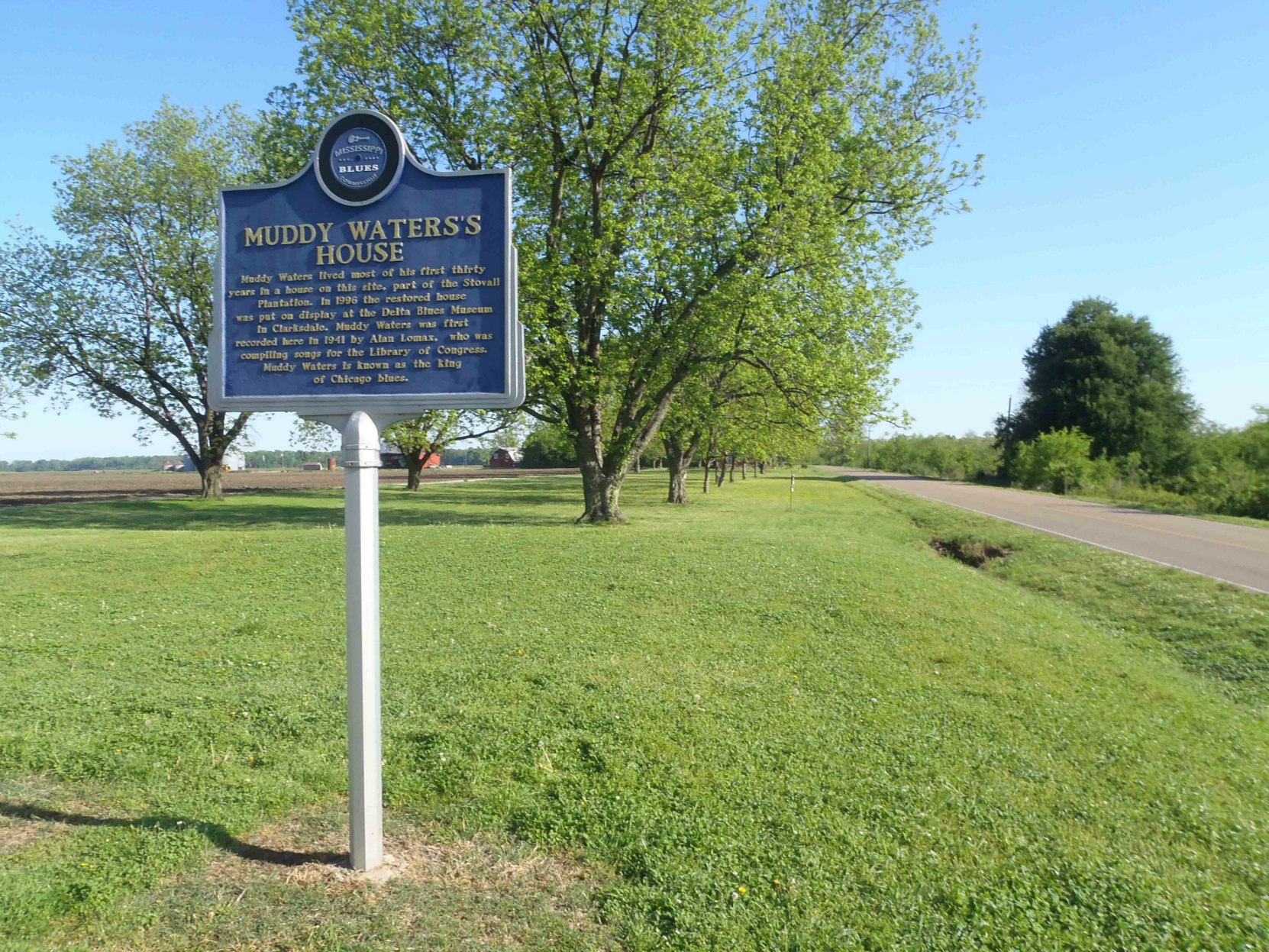 The Mississippi Blues Trail marker at the Muddy Waters House site, Stovall Farms, outside Clarksdale, Mississippi.