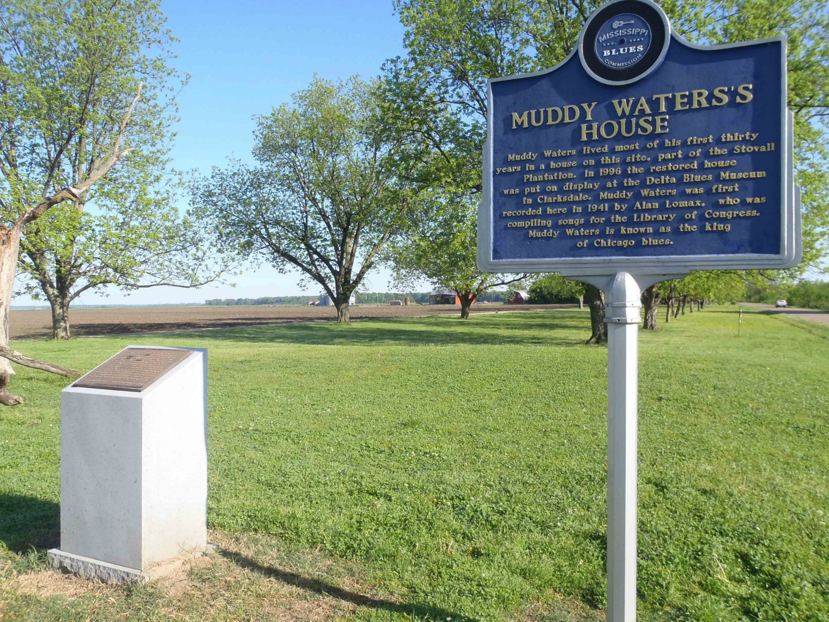 The Mississippi Blues Trail marker and the Blues Hall of Fame marker at the Muddy Waters House site, Stovall Farms, outside Clarksdale, Mississippi.