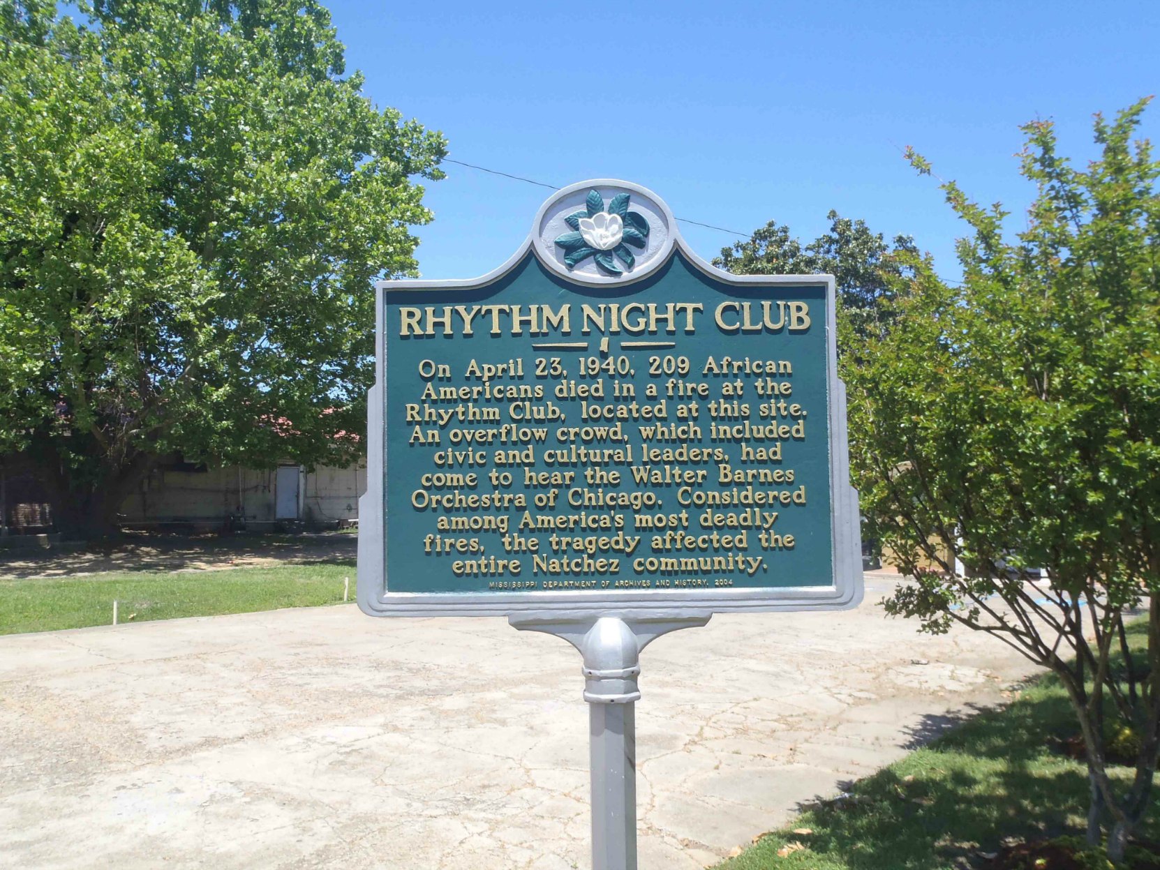 Mississippi Department of Archives & History marker for Rhythm Night Club Fire, Natchez, Mississippi