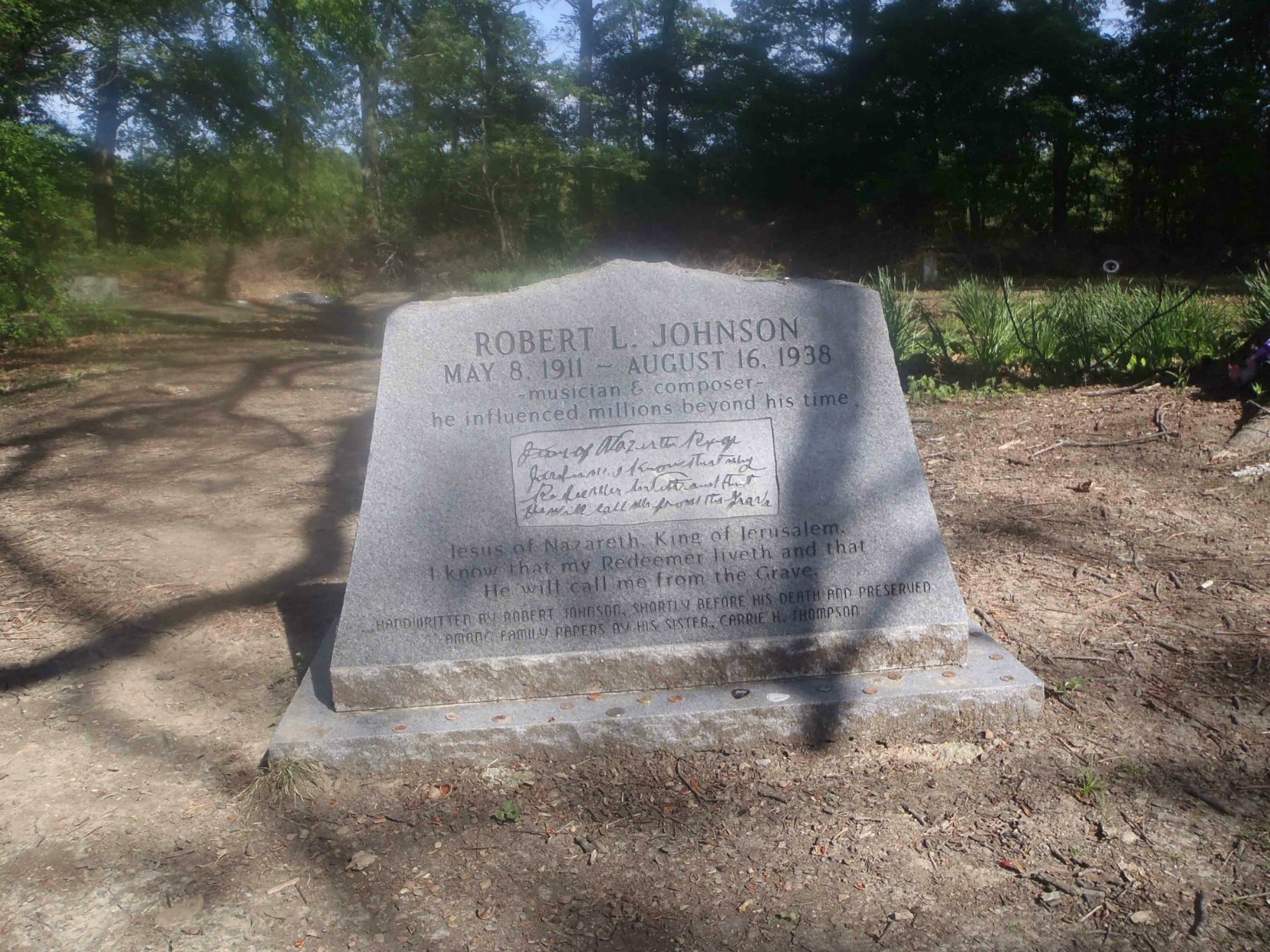 Robert Johnson grave in Little Zion Missionary Baptist Church cemetery, near Money, Leflore County, Mississippi, site of one of three reputed Robert Johnson grave sites.