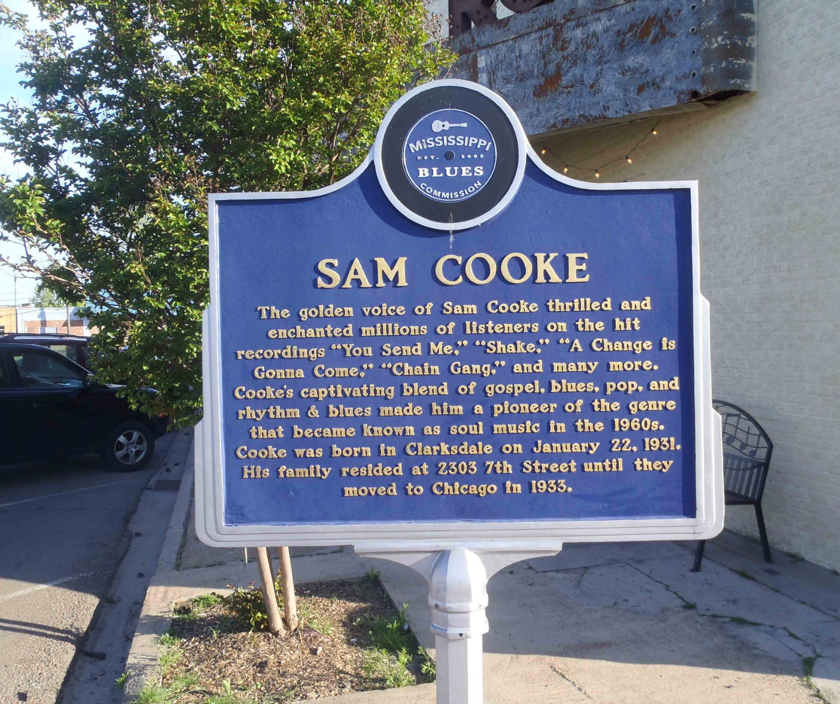 The Mississippi Blues Trail marker for Sam Cooke, Clarksdale, Mississippi