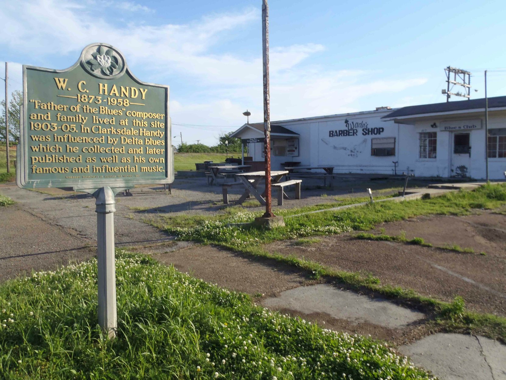 Mississippi Department of Archives & History marker for W.C. Handy, outside Wade Walton's Barber Shop, Clarksdale, Mississippi.