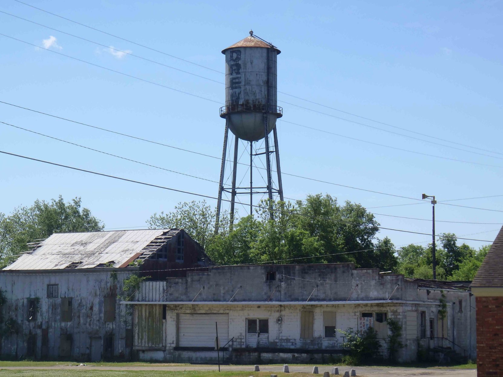 The Drew, Mississippi water tower, as seen from Main Street, Drew, Sunflower County, Mississippi