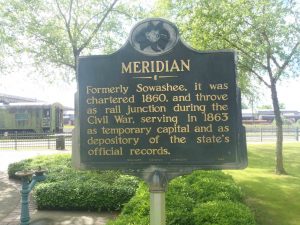 Mississippi Department of Archives & History marker for Meridian, Mississippi, placed near the old Rail Depot.