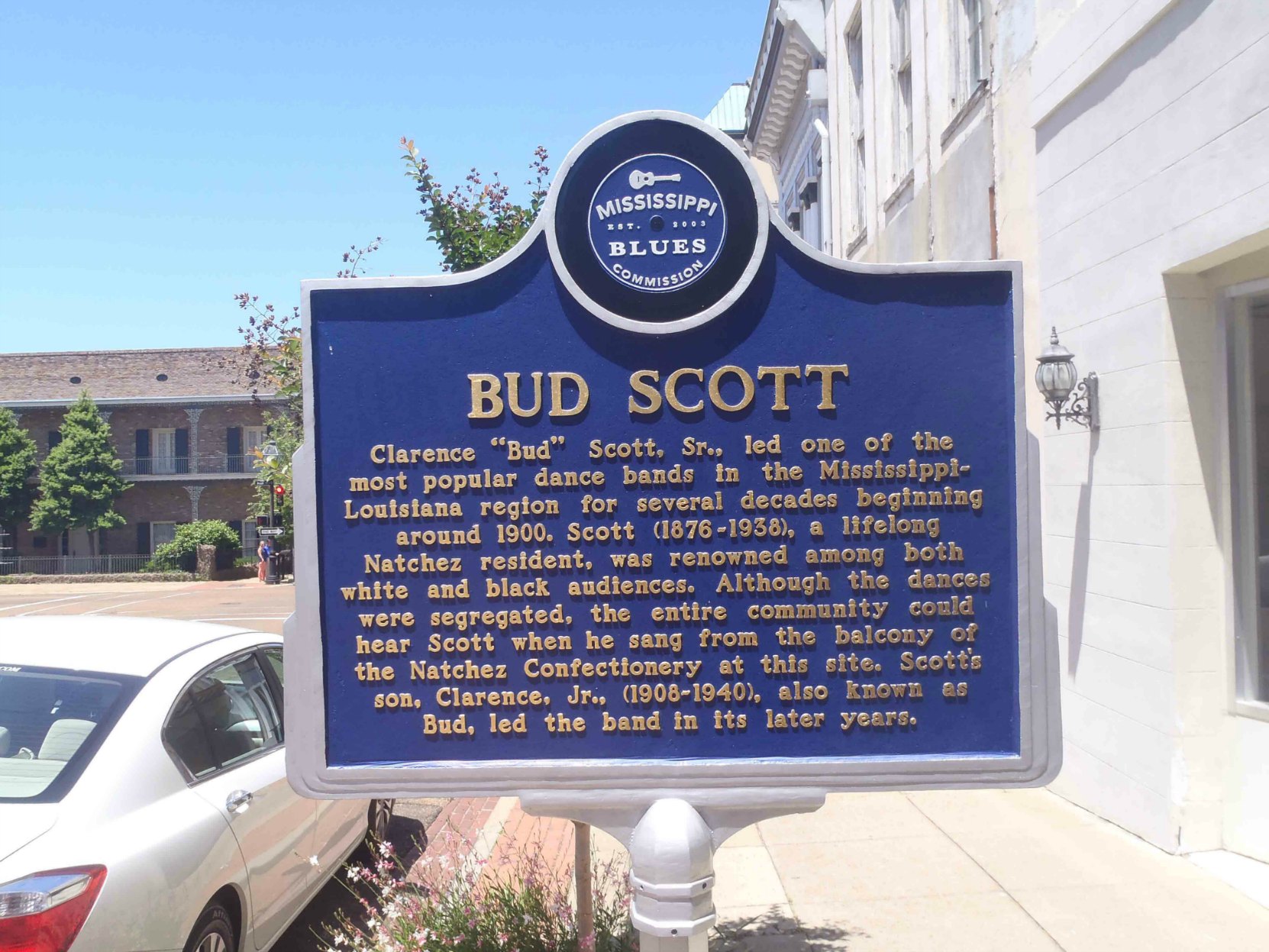 The Mississippi Blues Trail marker commemorating Bud Scott, Natchez, Mississippi