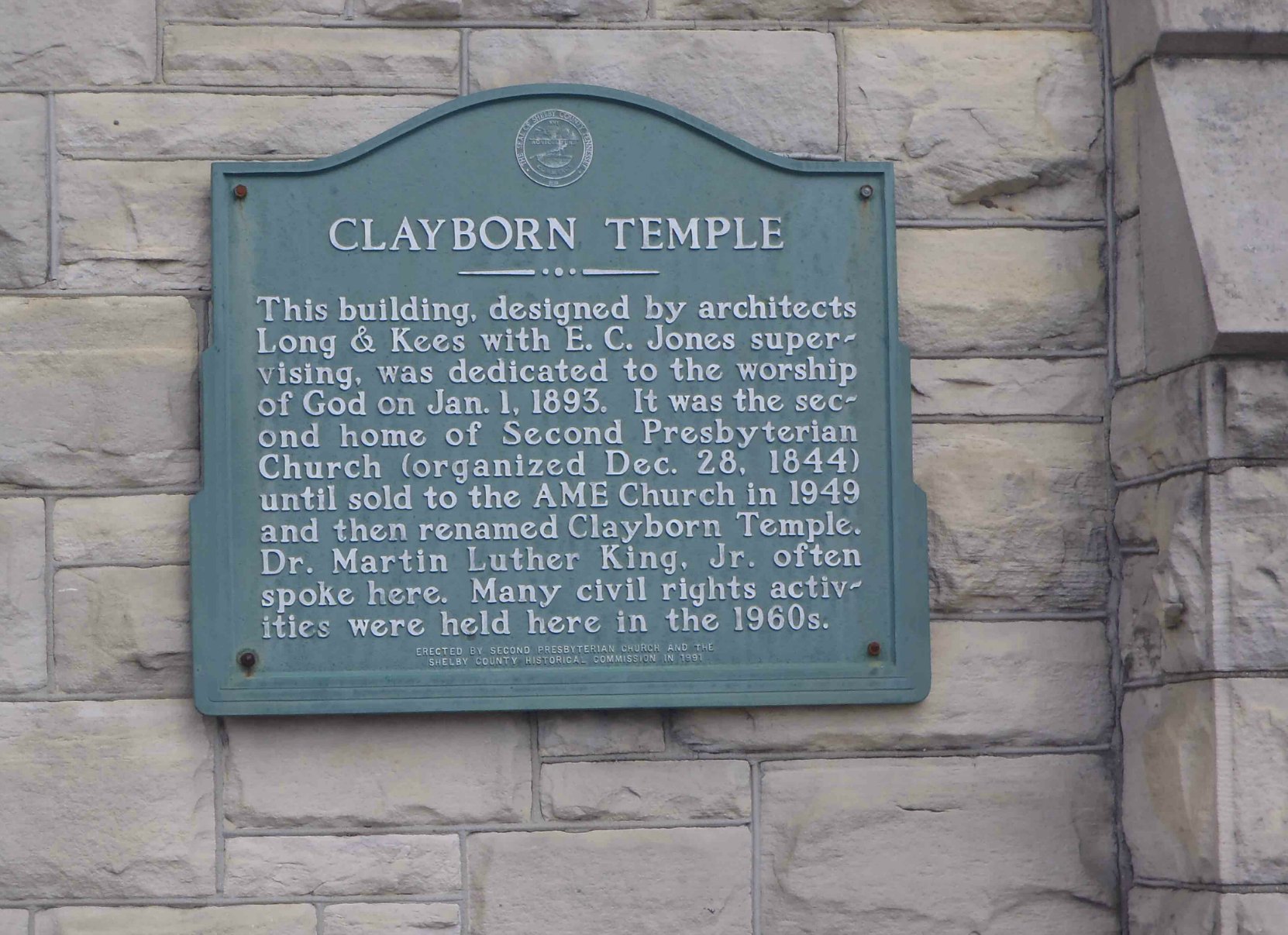 Shelby County Historical Commission sign on Clayborn Temple, Memphis, Tennessee.