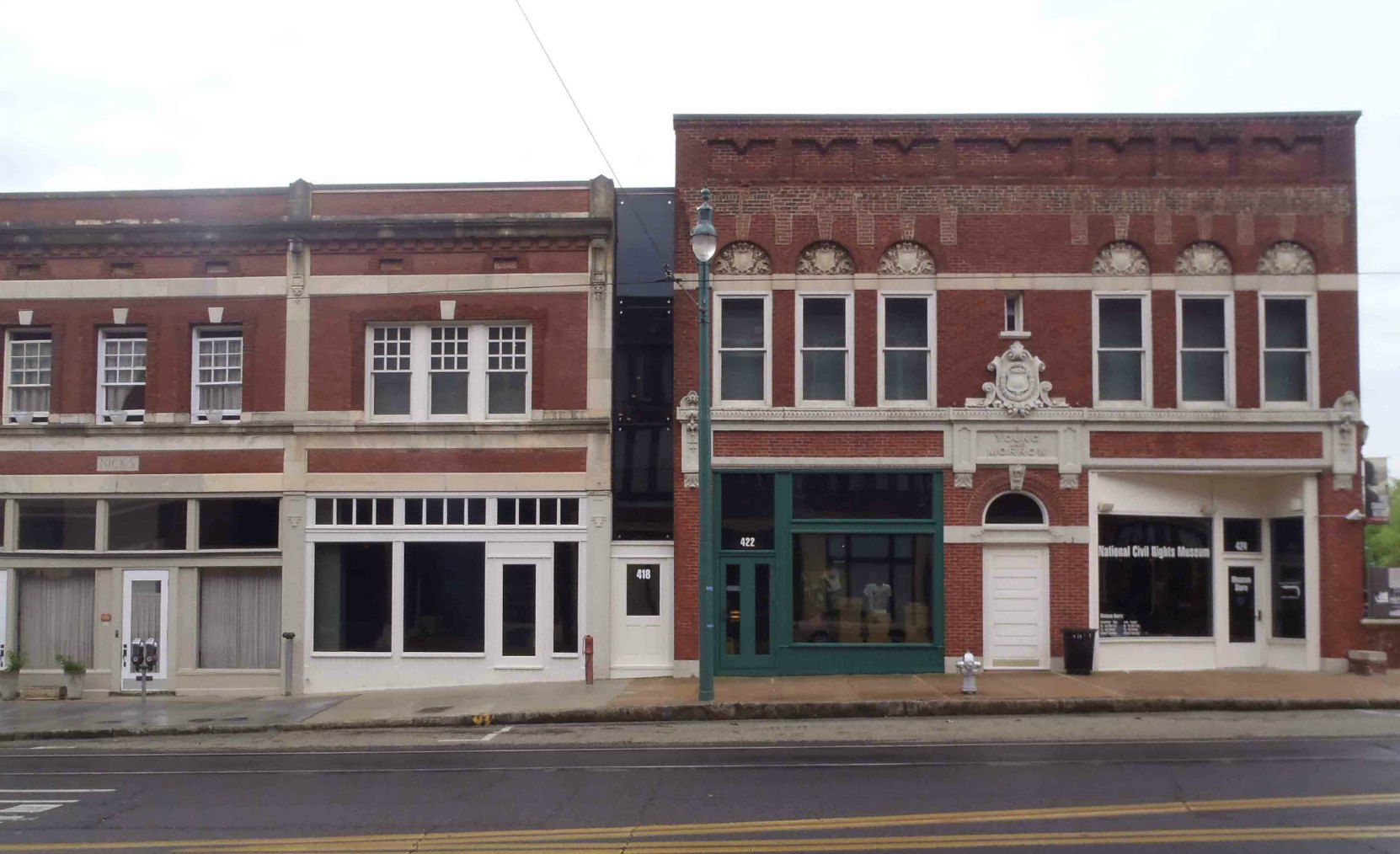 The Young & Morrow building (right) and James Earl Ray's rooming house (left) on S. Main Street, Memphis, Tennessee. The former alley between the buildings has been enclosed and both buildings are now part of the National Civil Rights Museum.