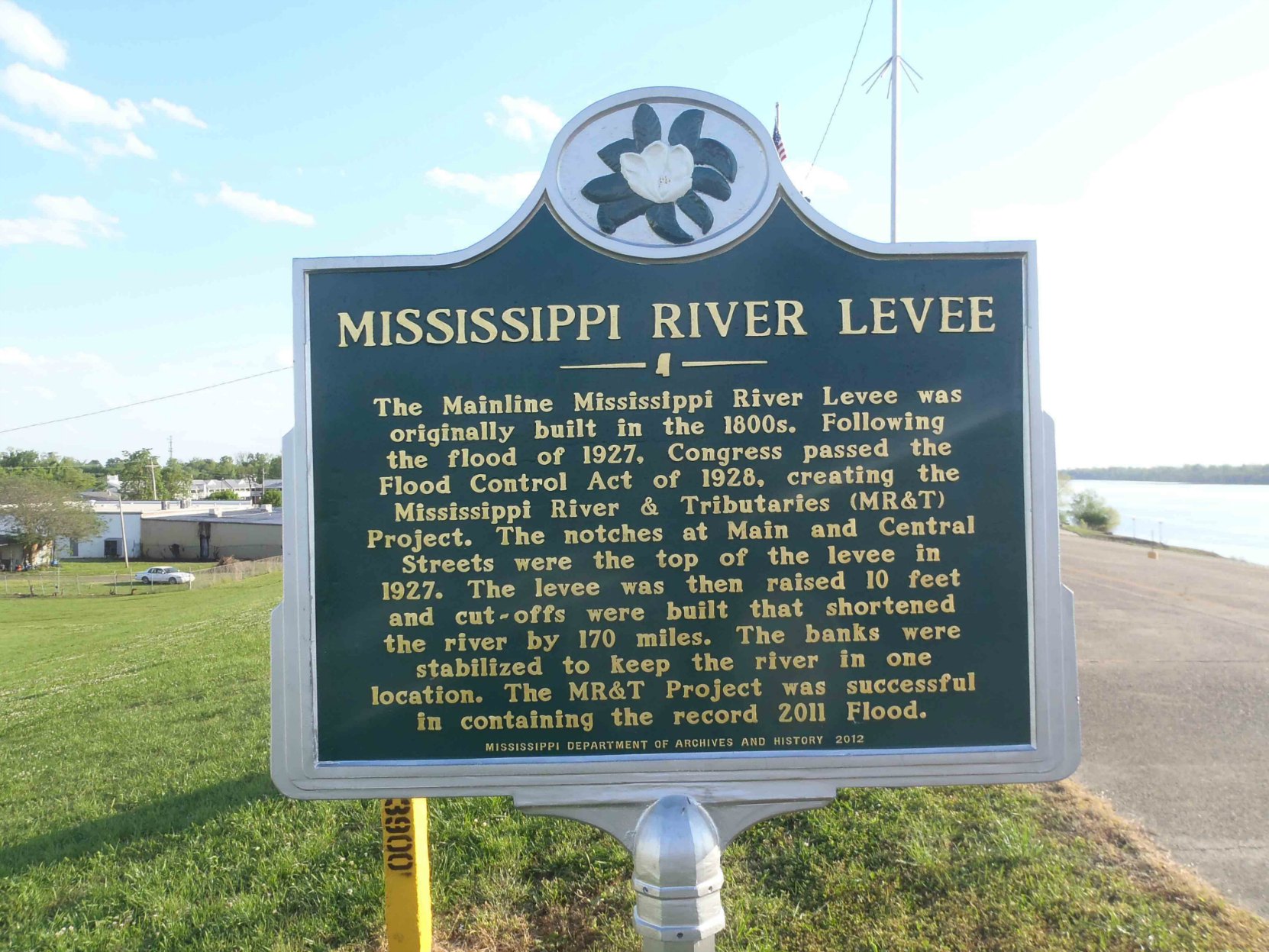 Mississippi Department of Archives & History marker on the levee at Greenville, Mississippi.