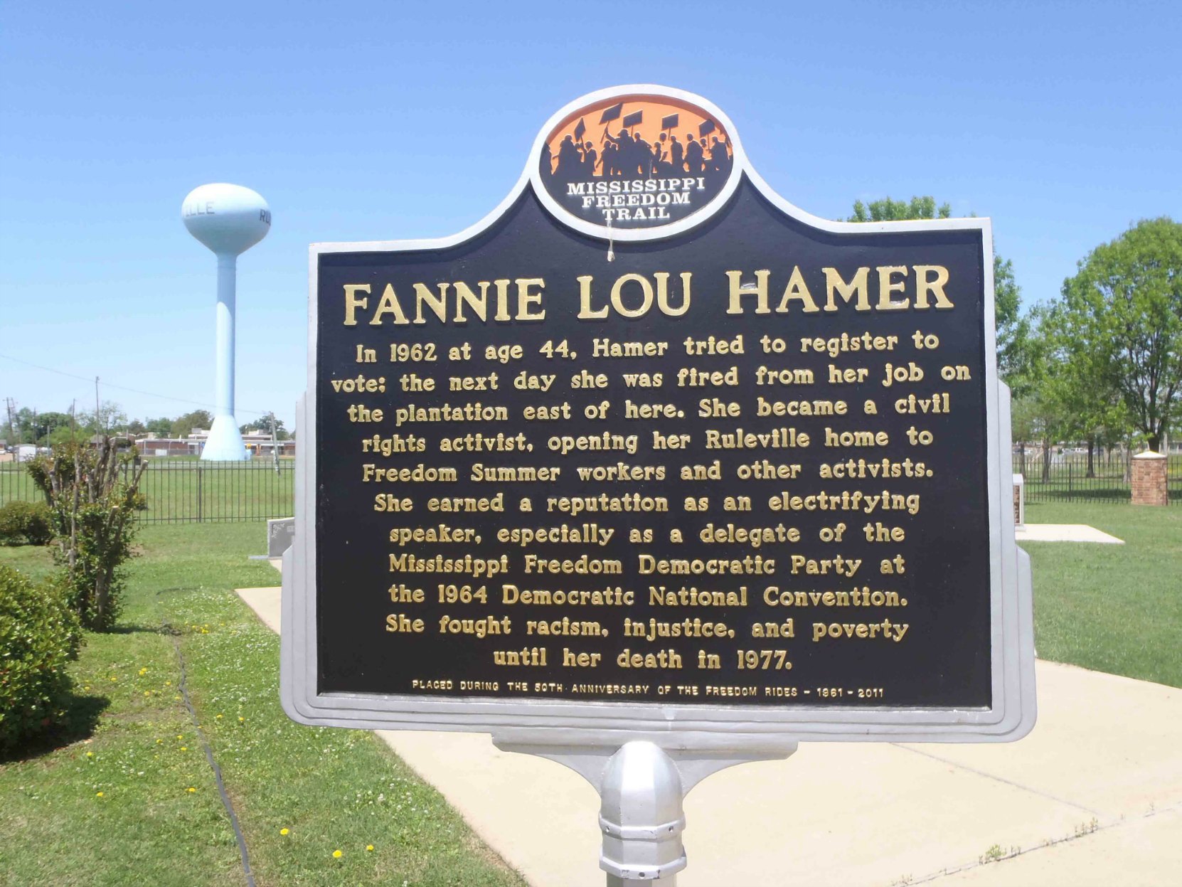 Mississippi Freedom Trail marker commemorating Fannie Lou Hamer, Ruleville, Mississippi.