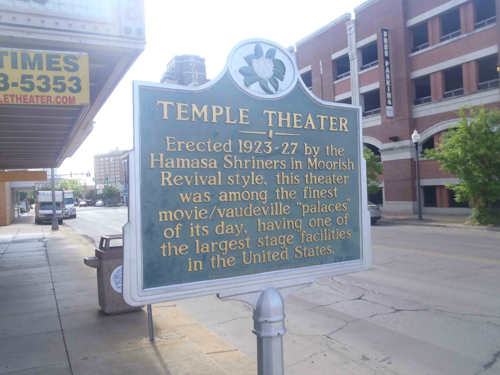 Mississippi Department of Archives & History marker outside the Temple Theater, Meridian, Mississippi.