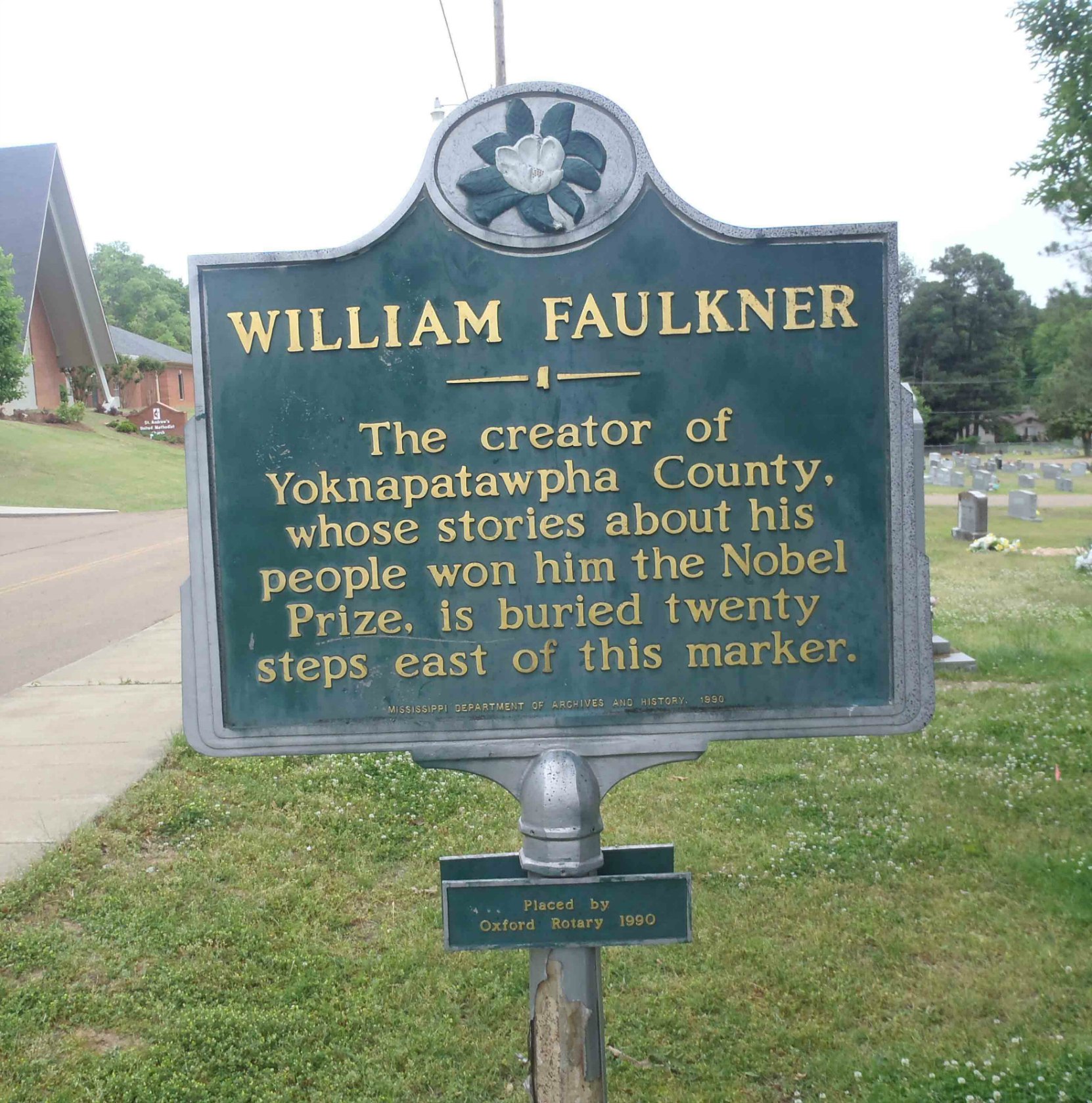 Mississippi Department of Archives & History marker for William Faulkner is located 20 paces from William Faulkner's grave in Oxford, Mississippi.