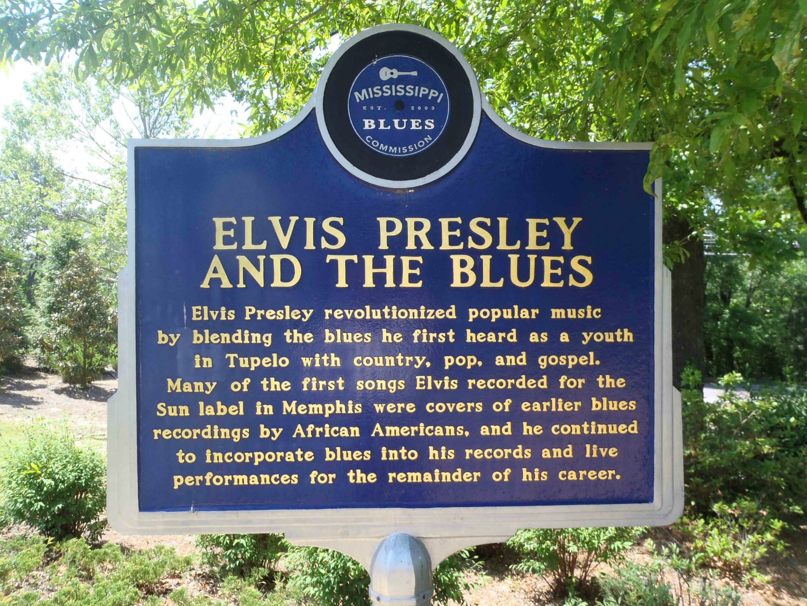 Mississippi Blues Trail marker for Elvis Presley And The Blues, Elvis Presley Birthplace Museum, Tupelo, Mississippi