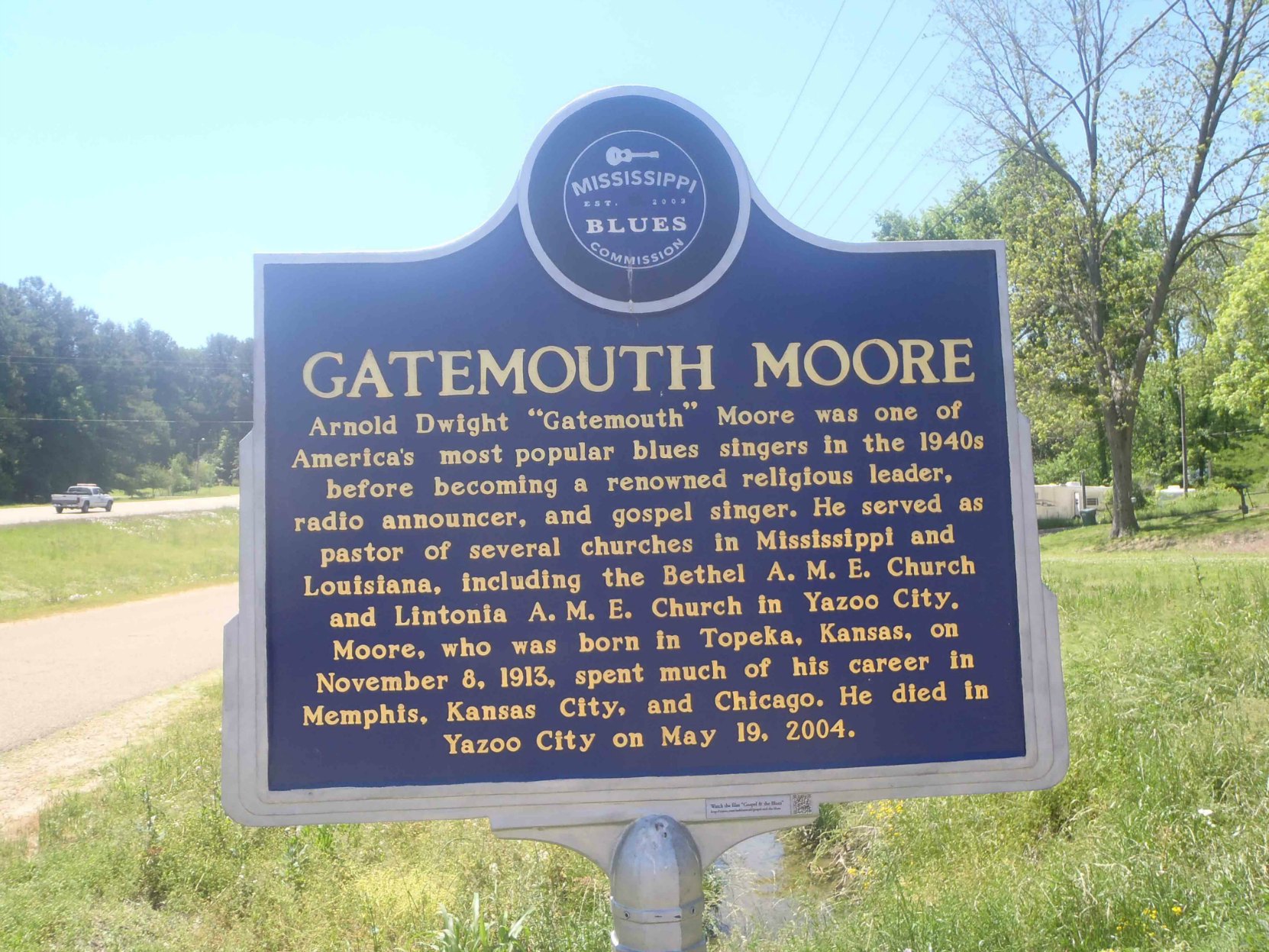 Mississippi Blues Trail marker for Gatemouth Moore, Yazoo City, Mississippi