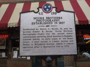 Tennessee Historical Commission marker (front) for Hooks Brothers Photography, outside 164 Beale Street, Memphis
