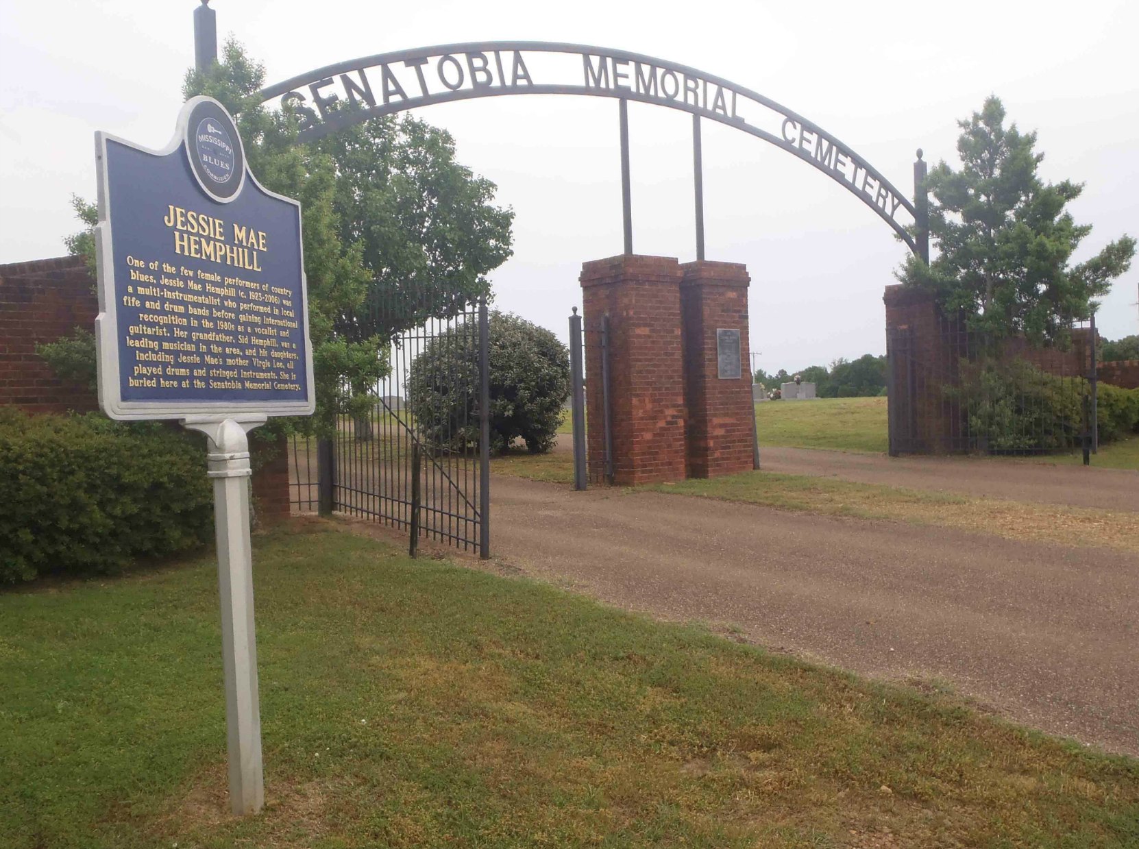 Mississippi Blues Trail marker for Jessie Mae Hemphill at the entrance to Senatobia Memorial Cemetery, Senatobia, Mississippi.