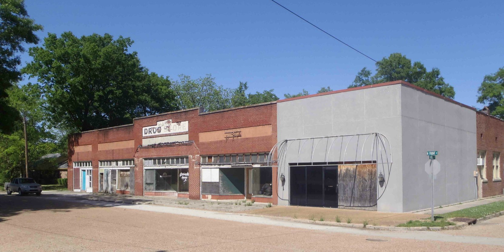 Downtown buildings in Merigold, Mississippi. This was a drug store but it is now vacant.