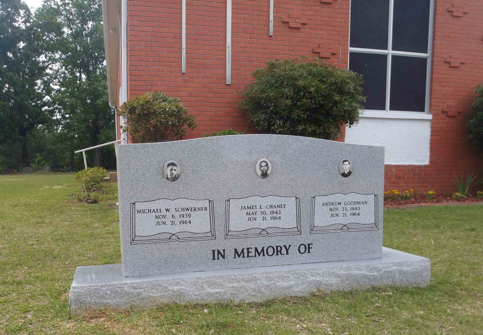 Memorial to Michael Schwerner, James Chaney and Andrew Goodman in front of Mt. Zion United Methodist Church, Neshoba County, Mississippi