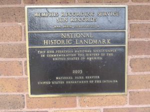 U.S. National Parks Service commemorative marker designating the Memphis Recording Service, Sun Records and Sun Studio at 706 Union Avenue, Memphis, Tennessee as a National Historic Landmark.