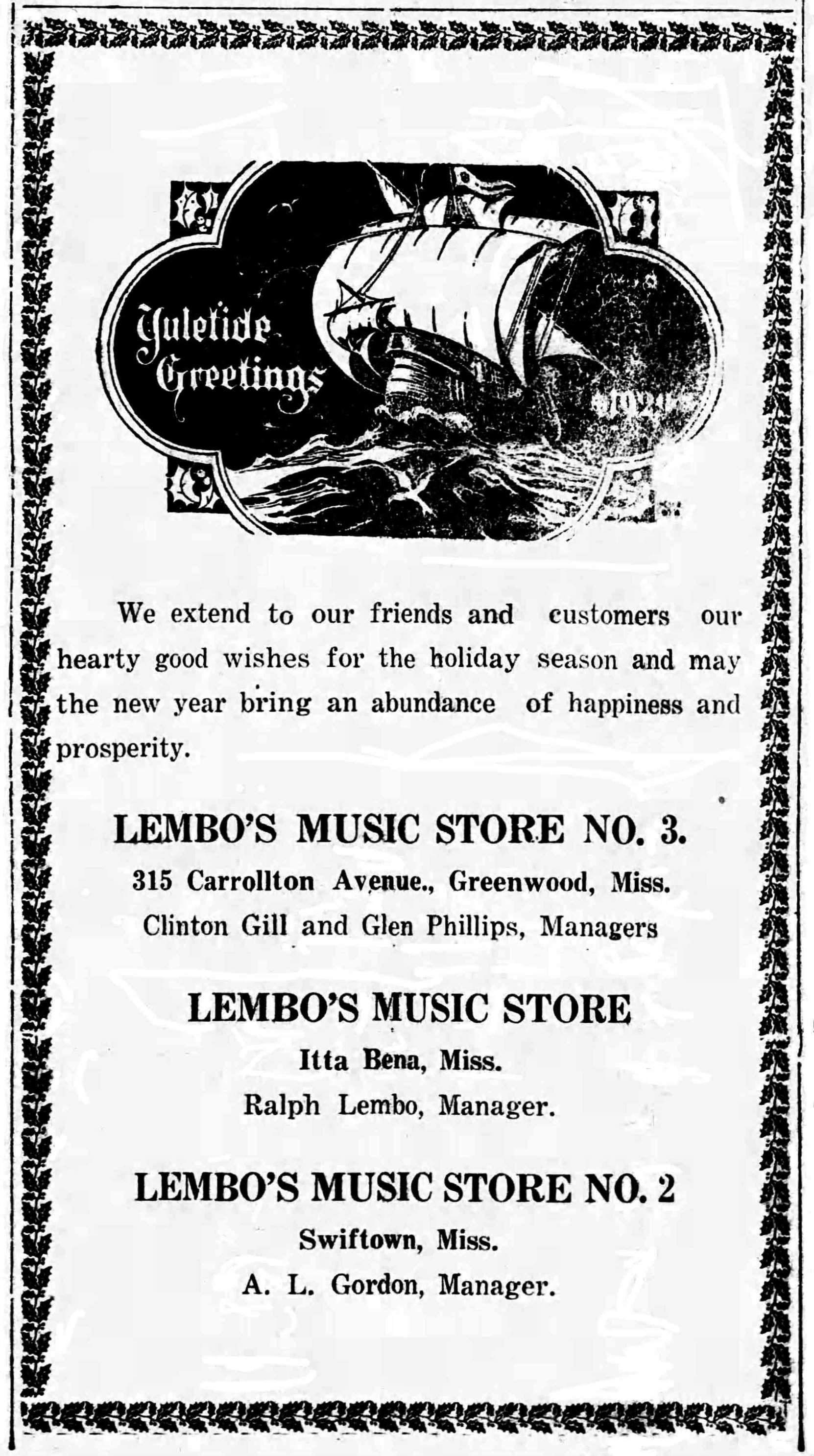 Ralph Lembo Music Store advertisement in Greenwood Commonwealth, December 1928