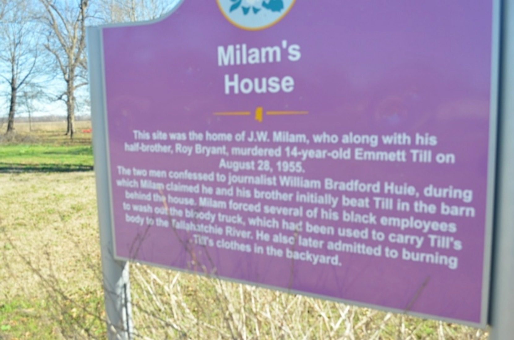 Milam's House sign, at the site of the former house of J.W. Milam, one of the two men who murdered Emmett Till in August 1955, Glendora, Mississippi (courtesy of Keith Petersen)