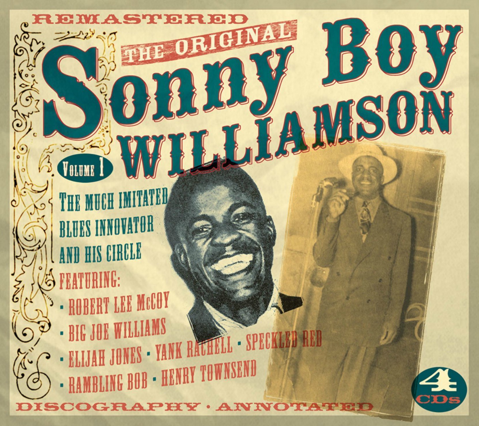 CD cover,The Original Sonny Boy Williamson, Volume 1, a 4 CD set released on JSP Records
