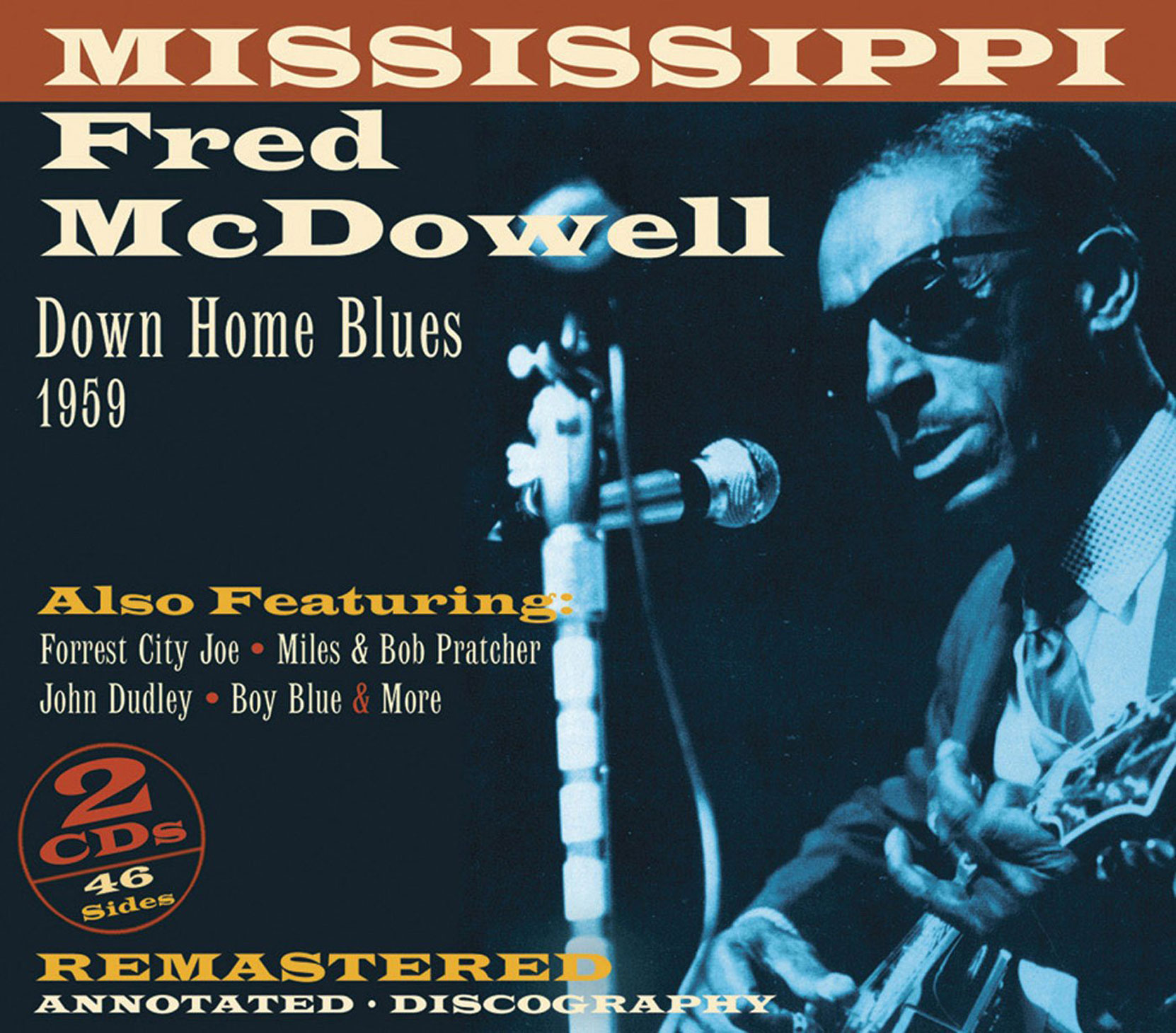 CD cover, Down Home Blues 1959 by Mississippi Fred McDowell, on JSP Records. This 2 CD set contains the complete 1959 Alan Lomax recordings of Mississippi Fred McDowell.