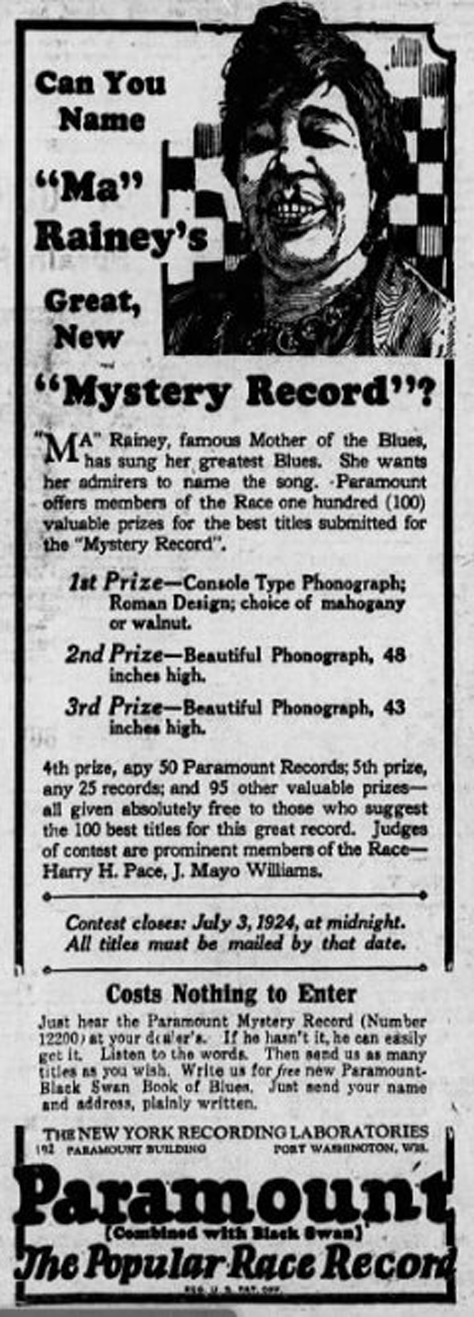 A 1924 advertisement for Ma Rainey recordings in the New York Age. (Courtesy of Mt. Zion Memorial Fund)